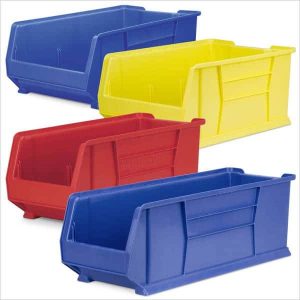 Four multicolour extra large plastic bins on a white background.
