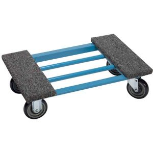Blue piano dolly with two swivel wheels and two rigid wheels.