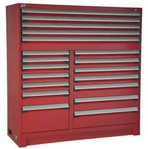 Red heavy duty multi drawer cabinet on a white background.