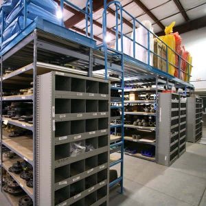 Mezzanine ladder in a warehouse setting.