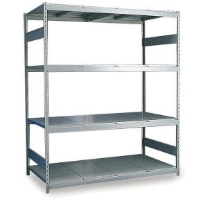 Silver bulk storage shelving on a white background.