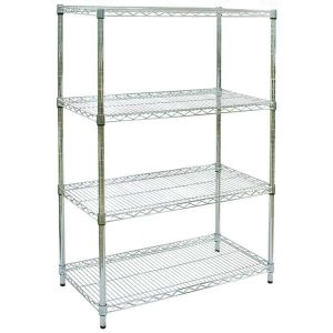 Chrome wire shelving on a white background.