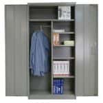 Grey combination cabinet with the doors open and a jacket and other supplies inside on a white background.