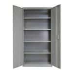 Grey jumbo cabinet with doors open and nothing inside on a white background.