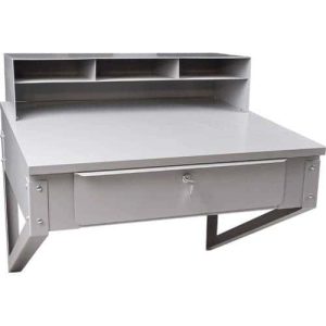 Grey wall mounted shop desk on a white background.
