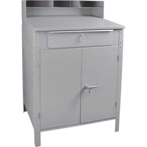 Grey cabinet style shop desk on a white background.