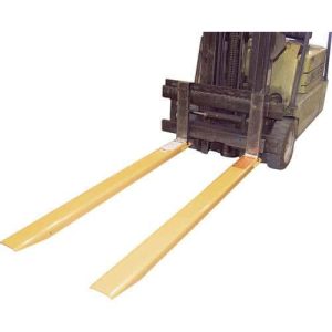 Yellow fork extensions on a forklift on a white background.