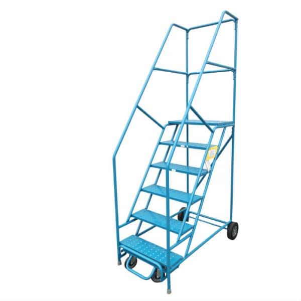 Blue rolling ladder with 6 steps.