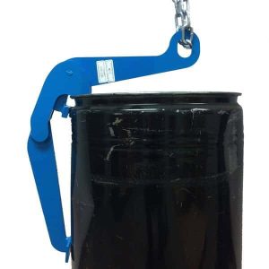 Blue drum lifter lifting a black drum on a white background.