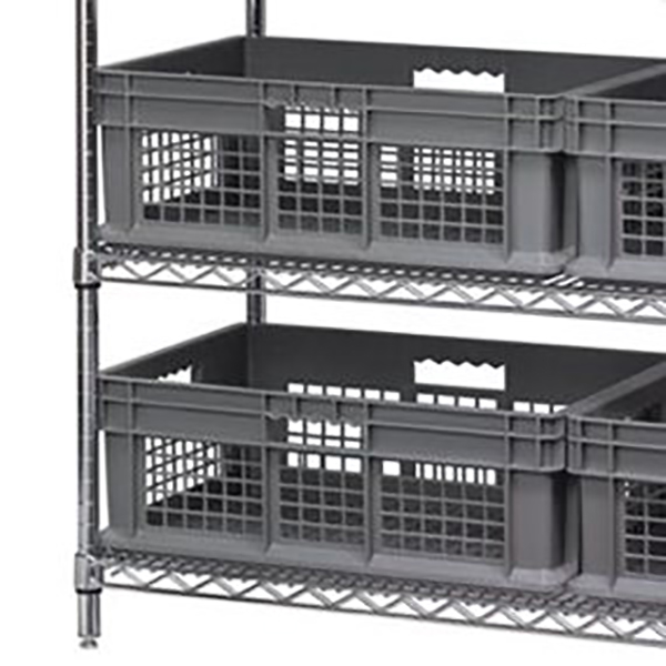 Two grey mesh multi-purpose straight wall containers on wire shelving.