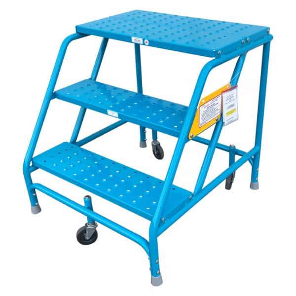 Blue rolling ladder with 3 steps and no side rails.