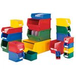 Several multicolour heavy-duty storage bins stacked on top of each other randomly.