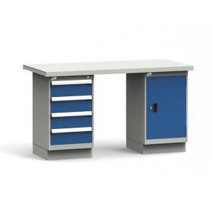 Workbench with two blue cabinets and a steel top on a white background.