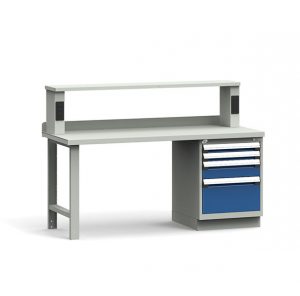 Workbench with cabinet, upper shelf and electrical panel and a steel top on a white background.