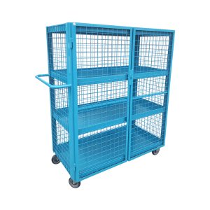 Blue security cart with doors closed.
