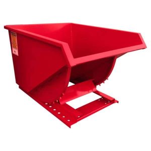 Red self dumping steel hopper on a white background.