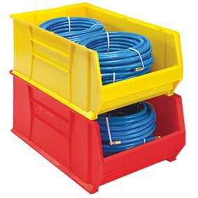 Two different coloured extra large plastic bins stacked on top of each other with cable stored in them on a white background.