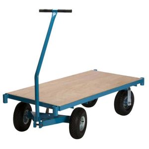 Wagon cart with hardwood platform and blue handle.