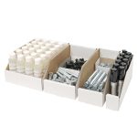 Four white corrugated parts bins with materials stored in them on a white background.