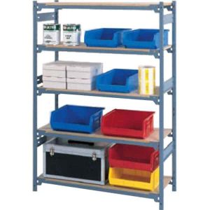 EZ Rect type 1 shelving storing multiple different containers and items on a white background.