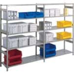 EZ Rect trimline shelving storing containers on a white background.