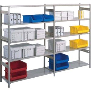 EZ Rect trimline shelving storing containers on a white background.