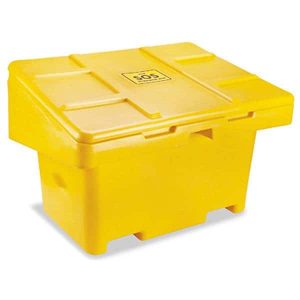 Yellow salt/sand storage bin on a white background.