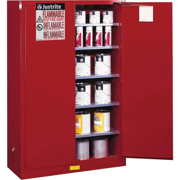 Red paint storage cabinet with one door open and paint cans stored inside on a white background.