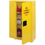 Yellow flammable storage cabinet with doors open and flammable materials inside on a white background.
