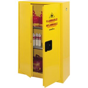 Yellow flammable storage cabinet with doors open and flammable materials inside on a white background.