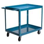 Blue service cart with 2 shelves and four wheels.