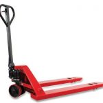 Red pallet jack on a white background.