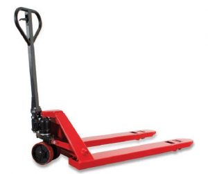 Red pallet jack on a white background.