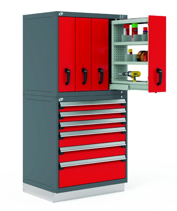 Red R2V vertical storage with a drawer extended on a white background.