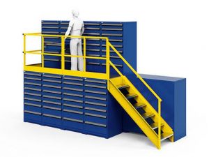 Computer generated image of a blue stack and store cabinet mezzanine with a person standing on the top level on a white background.
