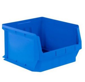 Empty blue heavy-duty storage bin on a white background.