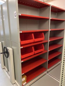 After photo featuring colour-coded mobile shelving system maximizing storage efficiency at SSA Marine facility in Squamish.