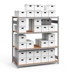 Archive shelving unit storing file boxes on a white background.