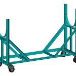 Blue tube transfer cart with four wheels on a white background.
