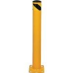 Yellow steel cylindrical bollard with black stripes and a black cap at the top.