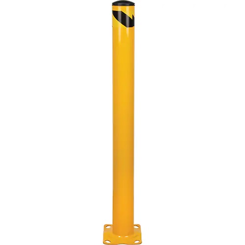 Tall yellow cylindrical bollard with black stripes and a black cap on the top.