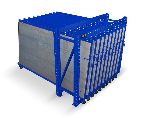Front view of a blue roll out vertical sheet rack with sheet material inside.