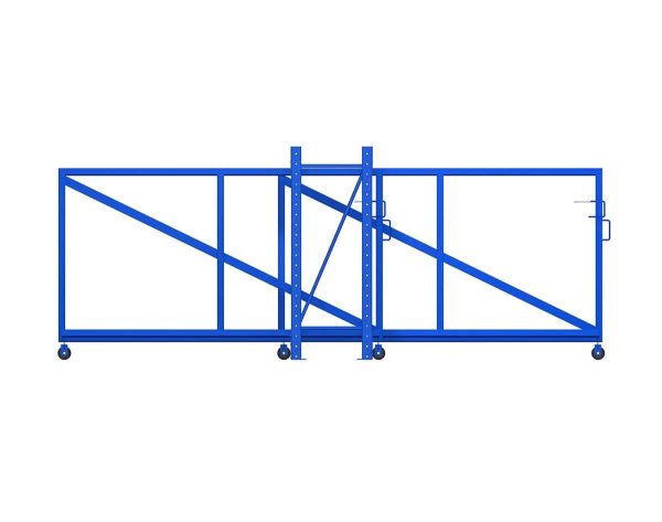 Side view of a blue roll out vertical sheet rack that is empty.
