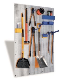 5S storage with various tools stored on it on a white background.