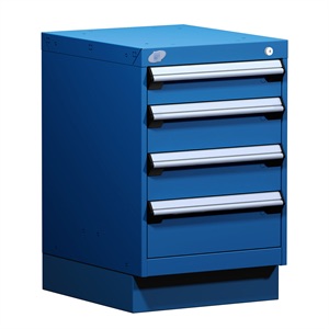 Blue L compact cabinet with 4 drawers on a white background.