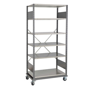 Grey mobile shelving with 4 wheels on a white background.