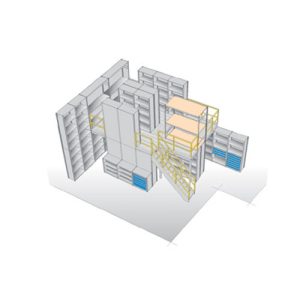 Multi-level shelving system on a white background.
