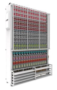 Paint can carousel storing paint cans on a white background.