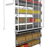 Shelving carousel with materials stored in it on a white background.