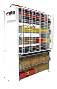 Shelving carousel with materials stored in it on a white background.